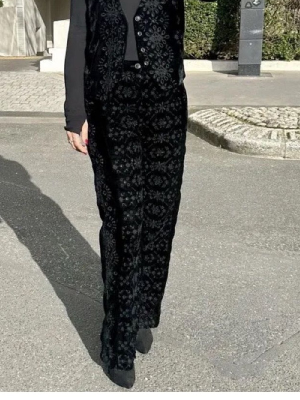 Zara Alina Black Velvet Embroidered Eyelet Wide Leg Contemporary Pant Trousers M - Picture 11 of 11